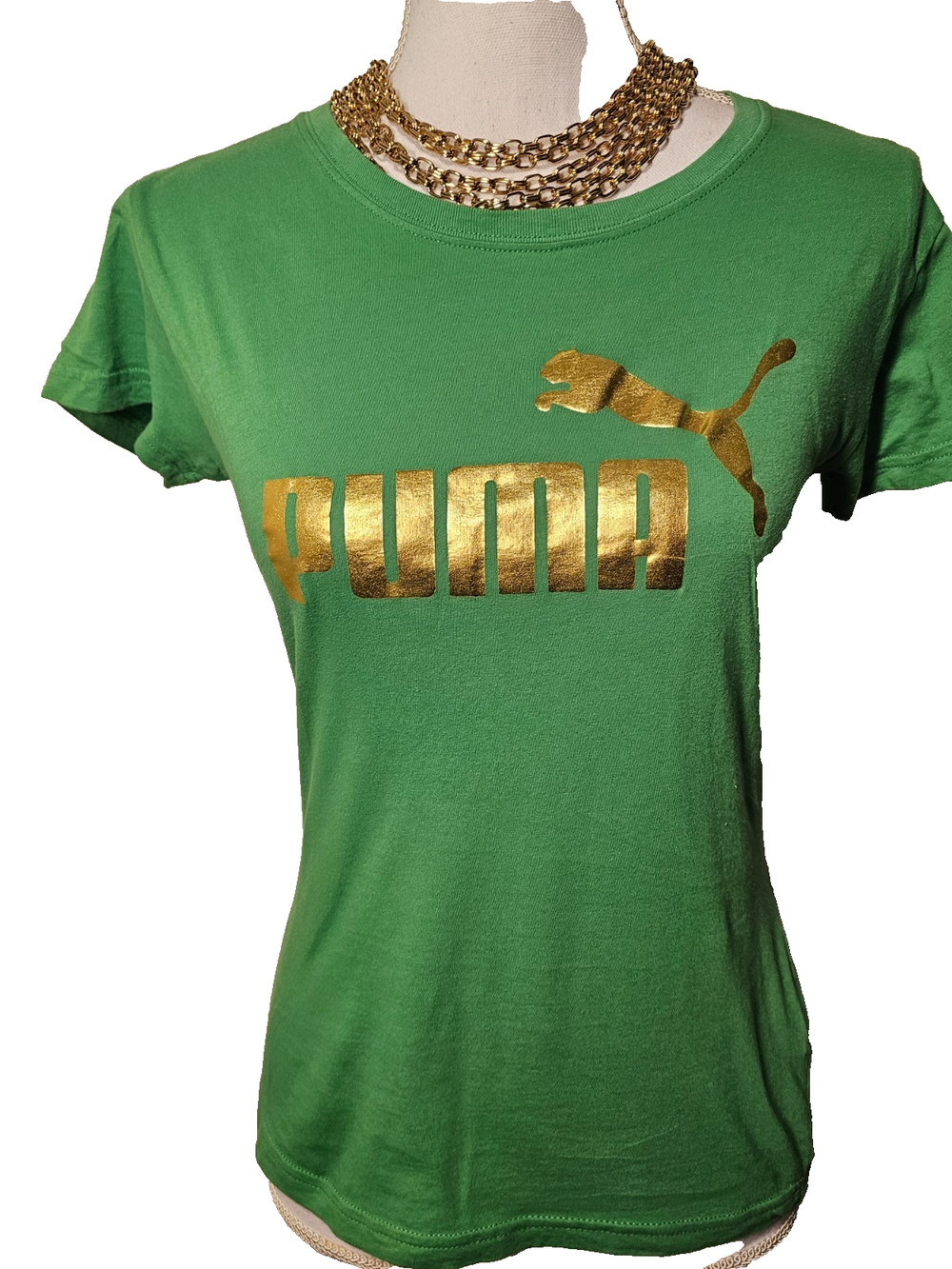 Puma Womens Green T‑Shirt Gold Logo Short Sleeve Graphic Tee Size Medium